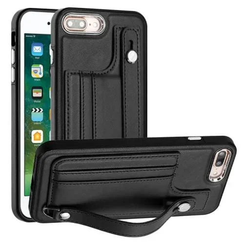 Estuche de teléfono Apple iPhone 6 Plus/7 Plus/8 Plus de cuero a prueba de golpes con correa para la muñeca (Negro)