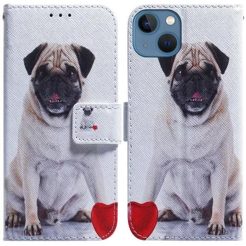Estuche de Teléfono Cuero para iPhone 14 Plus con Tapa Dibujo Coloreado (Pug)