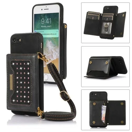Estuche de Teléfono Cuero RFID para iPhone 6/6S Tres Pliegues con Cordón (Negro)