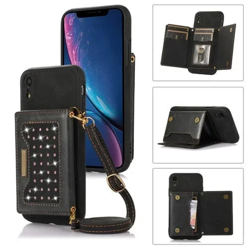Estuche de Teléfono Cuero Rfid para iPhone Xr Tres Pliegues con Cordón (Negro)