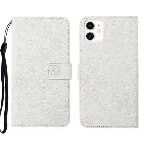 Estuche de teléfono iPhone 13 Mini cuero patrón en relieve estilo étnico (Blanco)