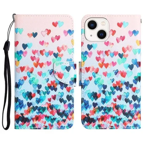 Estuche de teléfono iPhone 15 Cuero con Dibujo Coloreado (Corazón)
