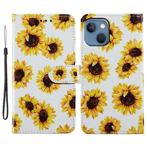 Estuche de Teléfono iPhone 15 Cuero con Dibujo Coloreado Girasol
