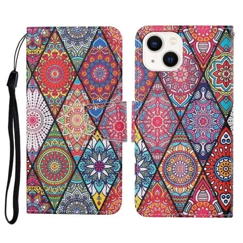Estuche de teléfono iPhone 15 cuero con tapa dibujo coloreado 3D (Tótem de Rombo)