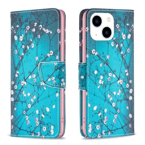 Estuche de Teléfono iPhone 15 Cuero Patrón Dibujo Coloreado (Flor del Ciruelo)
