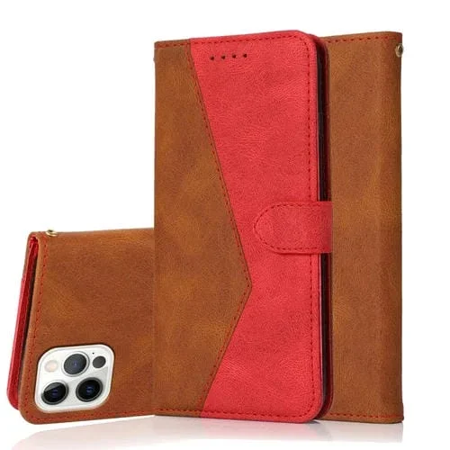Estuche de teléfono iPhone 15 Pro Max cuero con costuras de dos colores (Marrón Rojo)