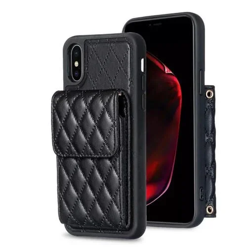 Estuche de Teléfono iPhone X / Xs Cuero Rómbico con Billetera Vertical (Negro)