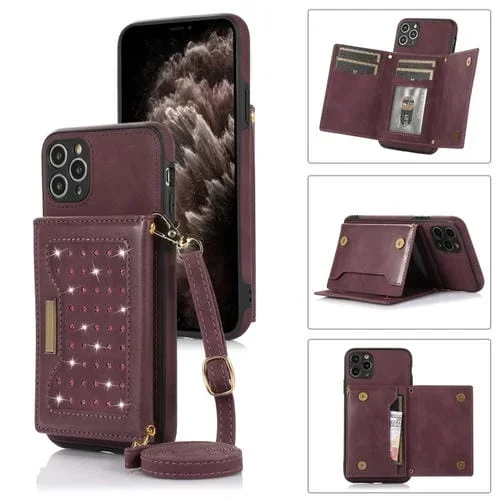 Estuche de Teléfono para iPhone 11 Pro Cuero Rfid Tres Pliegues con Cordón (Rojo)