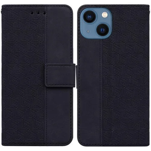 Estuche de teléfono para iPhone 13 Mini cuero con relieve geométrico (Negro)