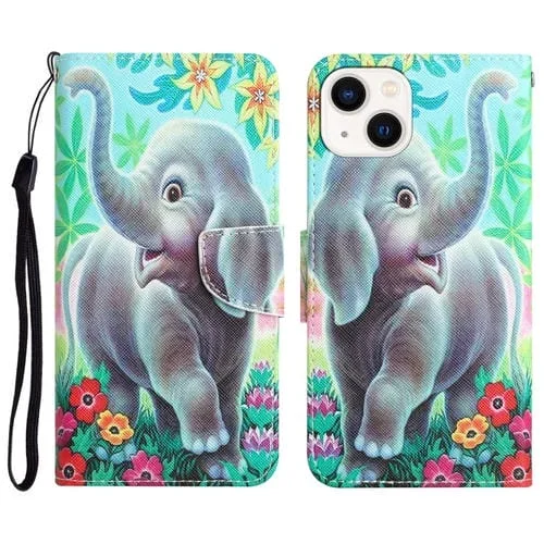 Estuche de Teléfono para iPhone 15 Cuero con Dibujo Coloreado (Elefante)