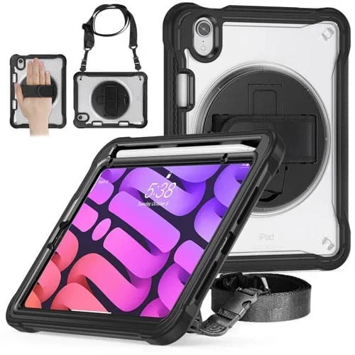 Estuche híbrido para iPad Mini 6 resistente con asa y correa (Negro)