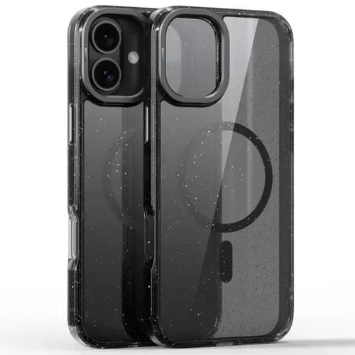 Estuche Magnético Magsafe con Soporte para Lentes con Purpurina en Polvo para iPhone 16 (Negro Transparente)