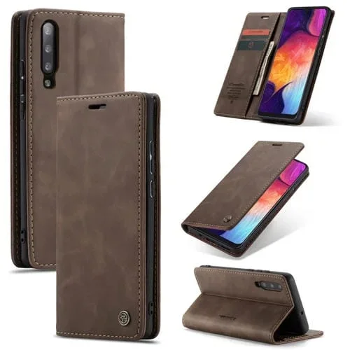 Estuche Multifuncional Caseme-013 Cuero Abatible Horizontal Retro para Galaxy A30S / A50S / A50 (Café)