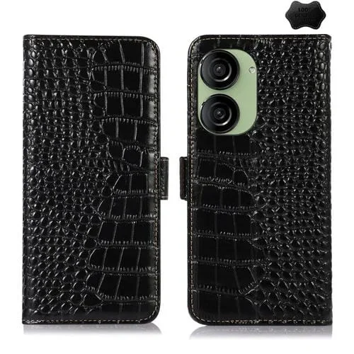Estuche para Asus Zenfone 10 y Zenfone 9 de Cuero de Vaca con Capa Superior de Cocodrilo (Negro)