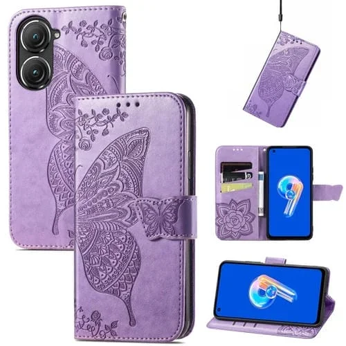 Estuche para Asus Zenfone 9 Butterfly Love Flower en Cuero en Relieve (Lavanda)
