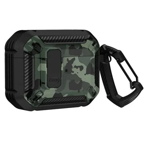Estuche para Auriculares Airpods 3 Impreso Dos Tonos con Interruptor y Mosquetón (Negro + Verde Camuflaje)