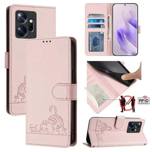 Estuche para Infinix Zero 20 Cat Rat de Cuero RFID con Patrón en Relieve y Cordón (Rosa)