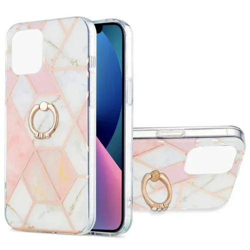 Estuche para iPhone 13 Mini Patrón de Mármol Empalme Galvanoplastia TPU Doble Cara Soporte para Anillo (Rosa Blanco)