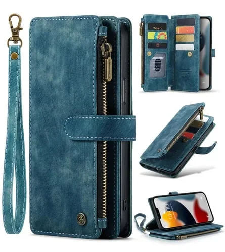 Estuche para iPhone 13 Pro Caseme-C30 PU + TPU con Tapa Horizontal Multifuncional Soporte Ranura Tarjeta Billetera Bolsillo Cremallera (Azul)