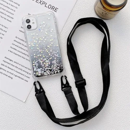 Estuche para iPhone 13 Pro Gradient Glitter Powder Epoxy TPU Acrílico Grueso a Prueba de Golpes con Cordón (Negro)