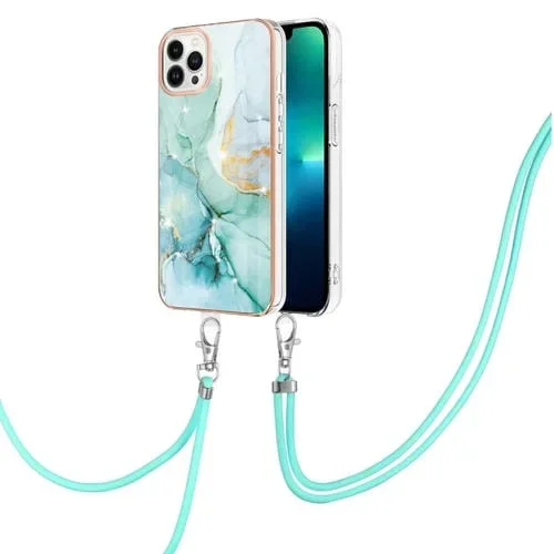 Estuche para iPhone 15 Pro Galvanoplastia Patrón Mármol Imd TPU Antigolpes con Cordón (Verde)