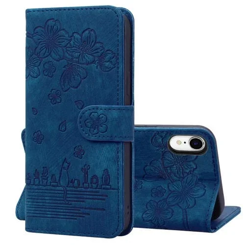 Estuche para iPhone Xr Cartoon Sakura Cat Cuero En Relieve (Azul Real)