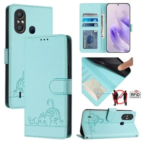 Estuche para Itel A58 y A49 de Cuero RFID con Patrón en Relieve y Cordón (Verde Menta)