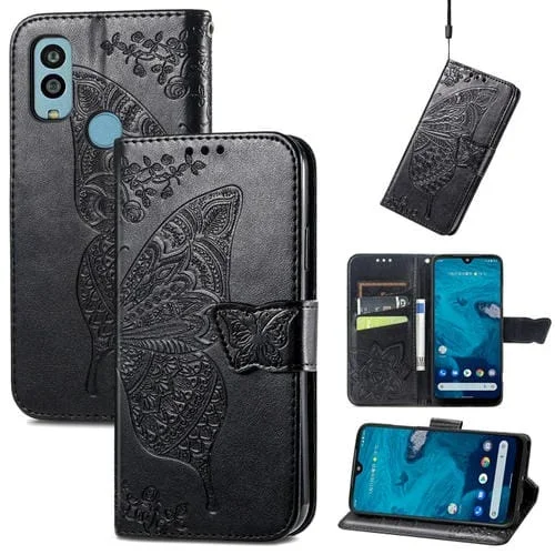 Estuche para Kyocera Android One S10 Butterfly Love Flower de Cuero En Relieve (Negro)