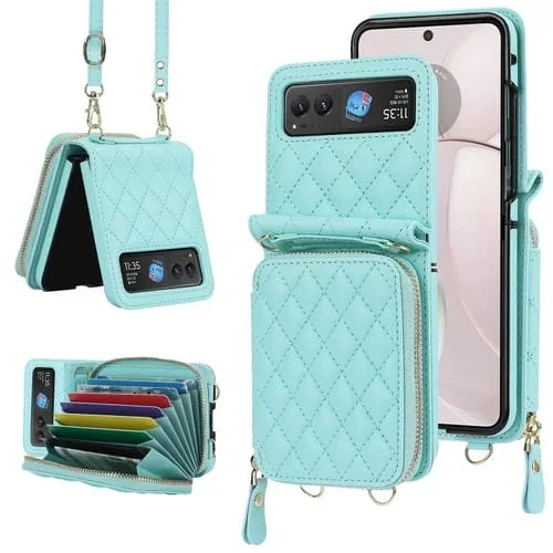 Estuche para Motorola Razr 40 con Bolsa para Tarjetas, Textura Rómbica y Cordón Doble (Verde)