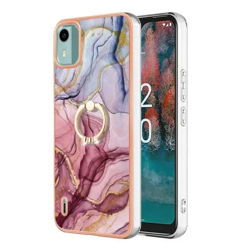 Estuche para Nokia C12 IMD Doble Cara Mármol Galvanizado con Anillo (Rosa Roja)
