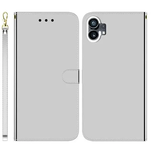 Estuche para Nothing Phone 1 con Tapa de Cuero y Espejo Imitado (Plata)