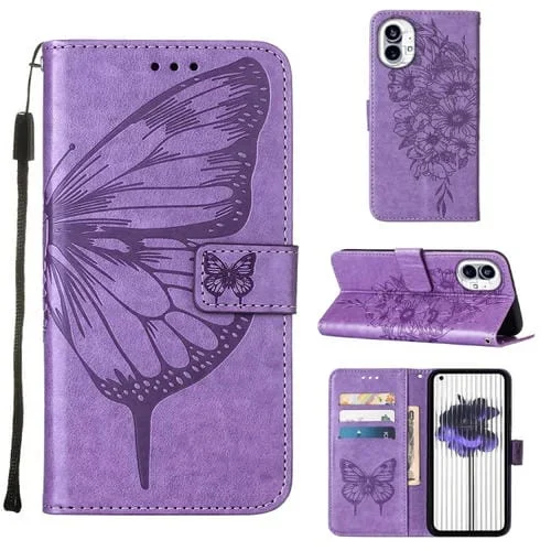 Estuche para Nothing Phone 1 de Cuero con Mariposa en Relieve (Púrpura Claro)