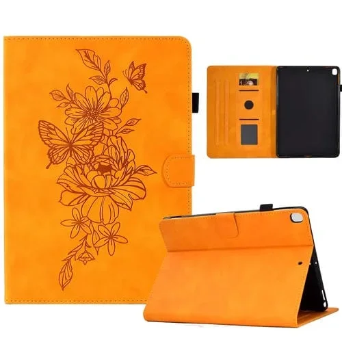 Estuche para Tableta Cuero En Relieve Peony Butterfly para iPad 10.2 2020/2019 Air 10.5 2019 (Caqui)
