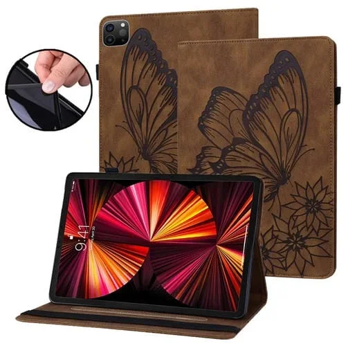 Estuche para Tableta Cuero Inteligente Apple iPad Pro 11 (2022, 2021, 2020) y Air 10.9 (2020) con Relieve de Mariposa Grande (Marrón)