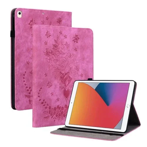 Estuche para Tableta iPad 10.2 (2021) y Air 10.5 (2019) Cuero En Relieve Butterfly Rose (Rosa Roja)