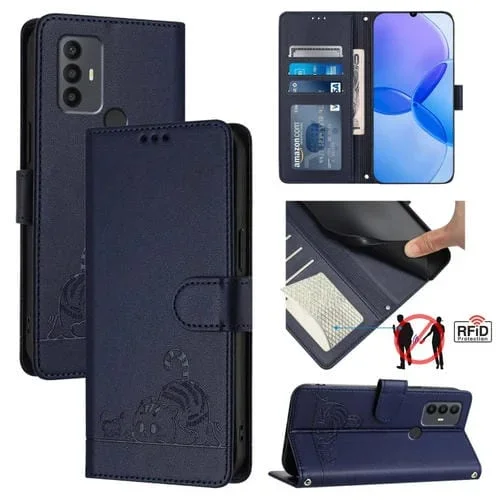 Estuche para TCL 30 Se CAT Rat de Cuero con RFID, Patrón en Relieve y Cordón (Azul)