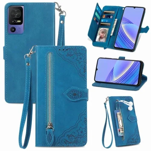 Estuche para TCL 40 SE de Cuero con Cremallera y Flores en Relieve (Azul)