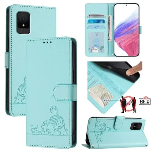 Estuche para TCL 502 CAT Rat de Cuero RFID con Patrón en Relieve y Cordón (Verde Menta)