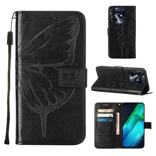 Estuche para Tecno Spark 10 Pro Ki7 de Cuero con Mariposa en Relieve (Negro)