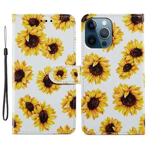 Estuche para teléfono Apple iPhone 15 Pro Cuero con dibujo coloreado (Girasol)