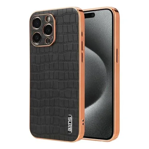 Estuche para teléfono Azns iPhone 15 Pro Max textura de cocodrilo marco galvanizado (Negro)