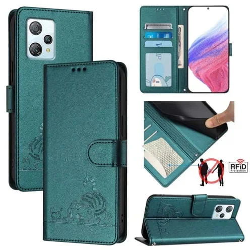 Estuche para Teléfono BlackView A53 Cat Rat de Cuero Rfid con Patrón En Relieve y Cordón (Verde Pavo Real)