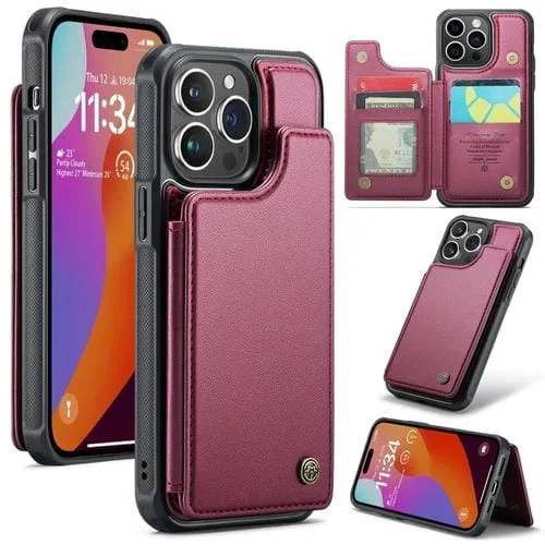 Estuche para Teléfono Caseme C22 para iPhone 15 Pro Antirrobo con Ranuras para Tarjetas Rfid (Rojo Vino)