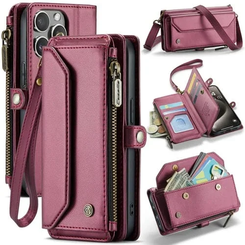Estuche para teléfono Caseme C36 para iPhone 15 Pro Max cartera con ranuras para tarjetas y cremallera cuero antirrobo Rfid (Rojo Vino)