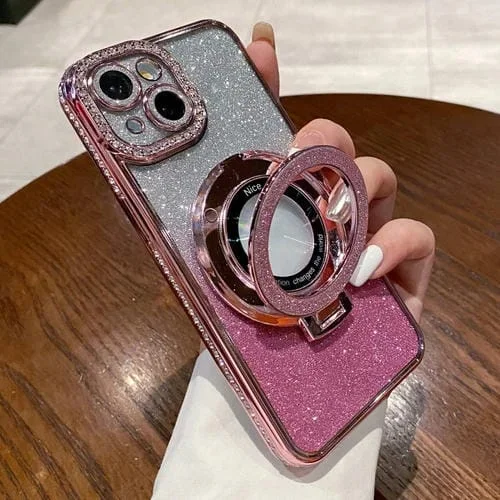 Estuche para Teléfono con Soporte Magsafe Chapado en Diamante con Purpurina Degradada para iPhone 15 (Rosa)