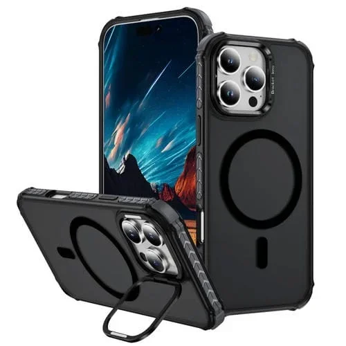 Estuche para Teléfono con Soporte para Lentes Magsafe Tacto de Piel Serie Arcoíris iPhone 16 Pro (Negro)