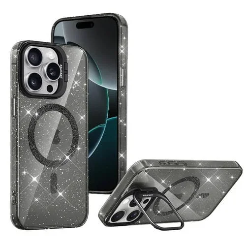 Estuche para Teléfono con Soporte para Lentes Magsafe y Protector Brillante para iPhone 16 Pro (Negro)