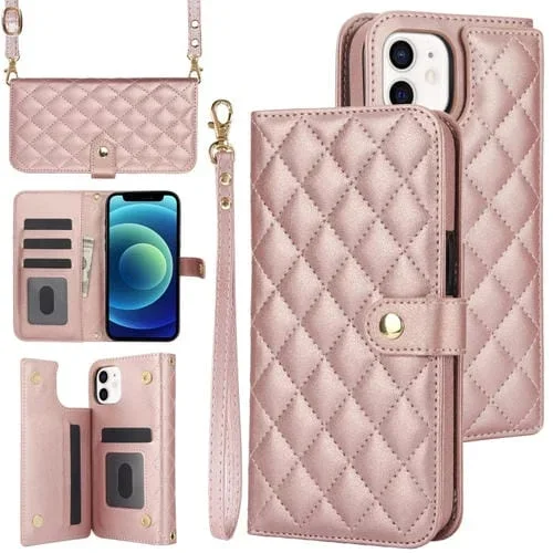 Estuche para Teléfono Crossbody Cuero iPhone 12 Mini Rómbico Multifunción (Oro Rosa)
