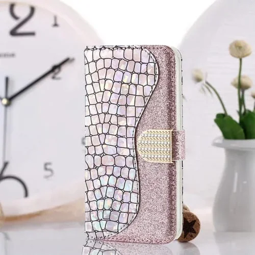 Estuche para Teléfono Cuero Textura Cocodrilo iPhone 14 Pro (Plata)
