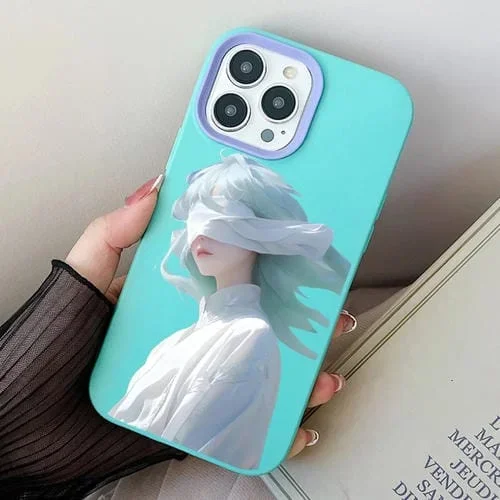 Estuche para Teléfono Híbrido TPU con PC para iPhone 14 Pro con Los Ojos Vendados para Niña (Cian Cielo)